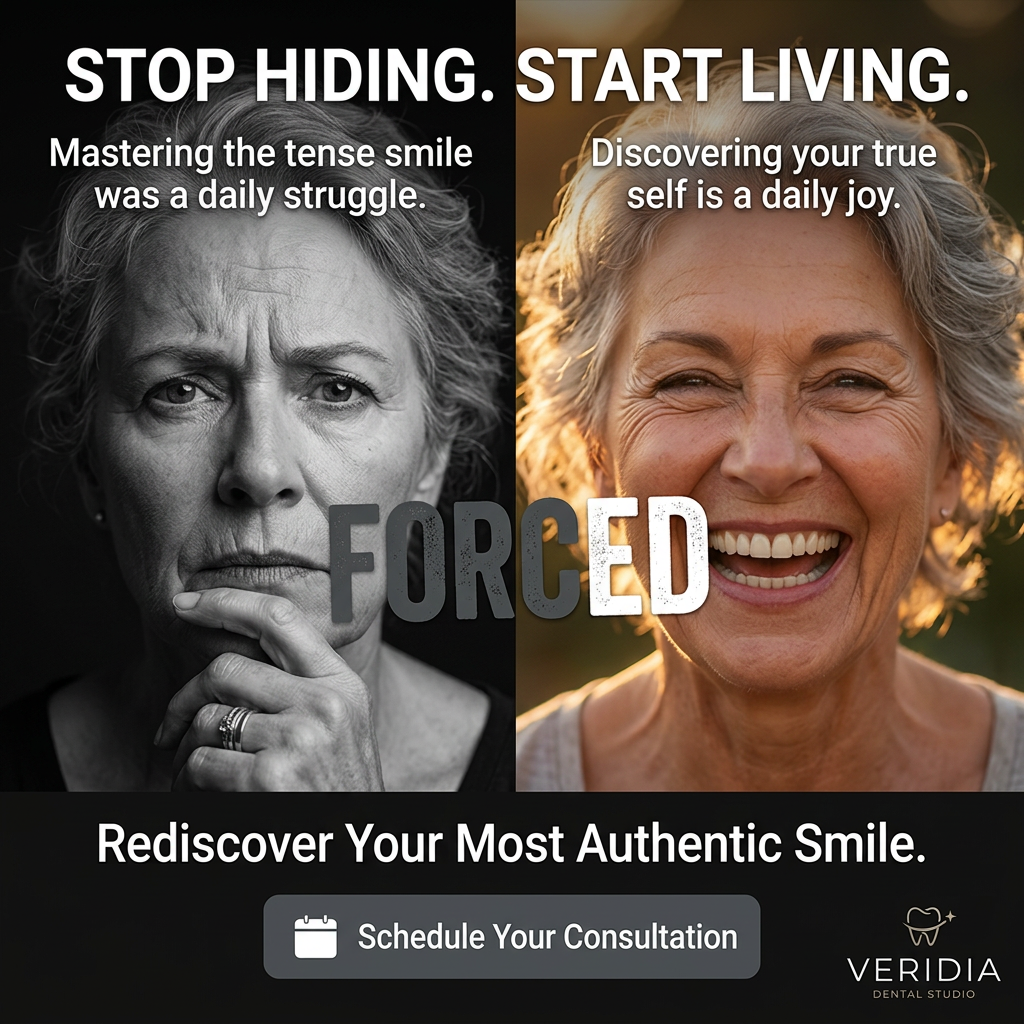 Split portrait of an older woman, tense in black and white on the left and laughing in warm colour on the right, dental ad