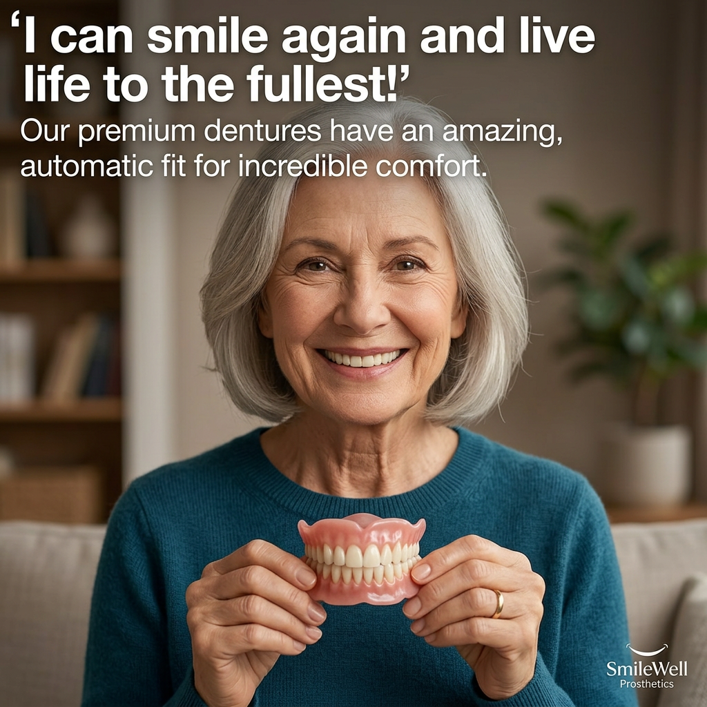 Smiling senior woman in a teal sweater holding a set of dentures in her living room, with a testimonial quote above