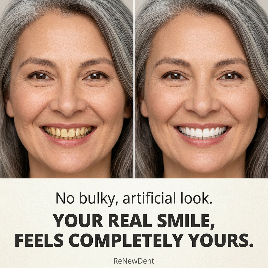 Side-by-side close-ups of a grey-haired woman smiling, first with yellow uneven teeth, then with white even teeth