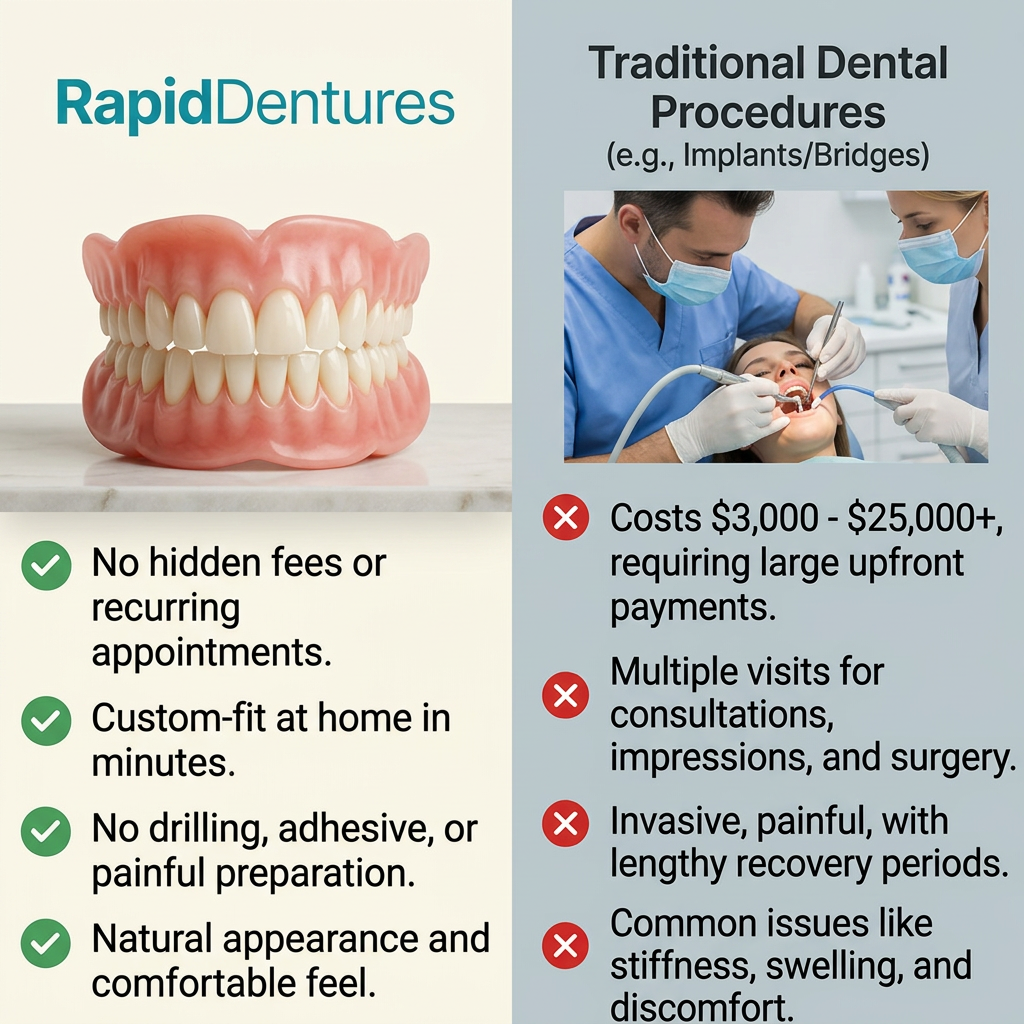 Two-column ad comparing RapidDentures with green ticks against implants and bridges with red crosses and a dentist photo