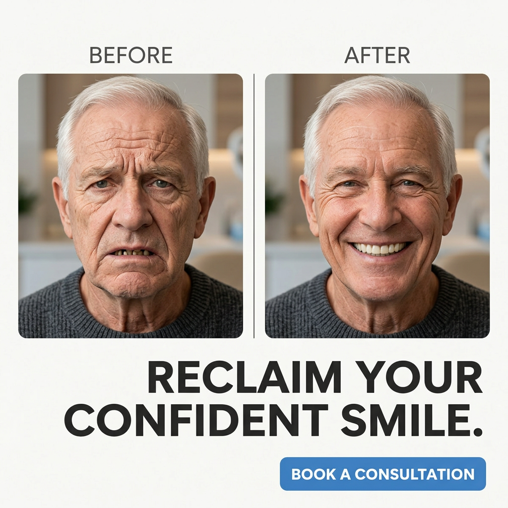 Before and after photos of an older man, frowning with missing teeth, then smiling with full teeth, with a book button