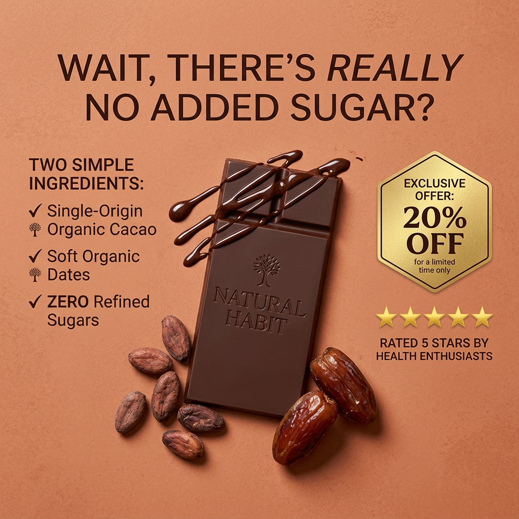 Dark chocolate bar with melted drizzle, cacao beans and dates on terracotta, with ingredient list and 20% off badge