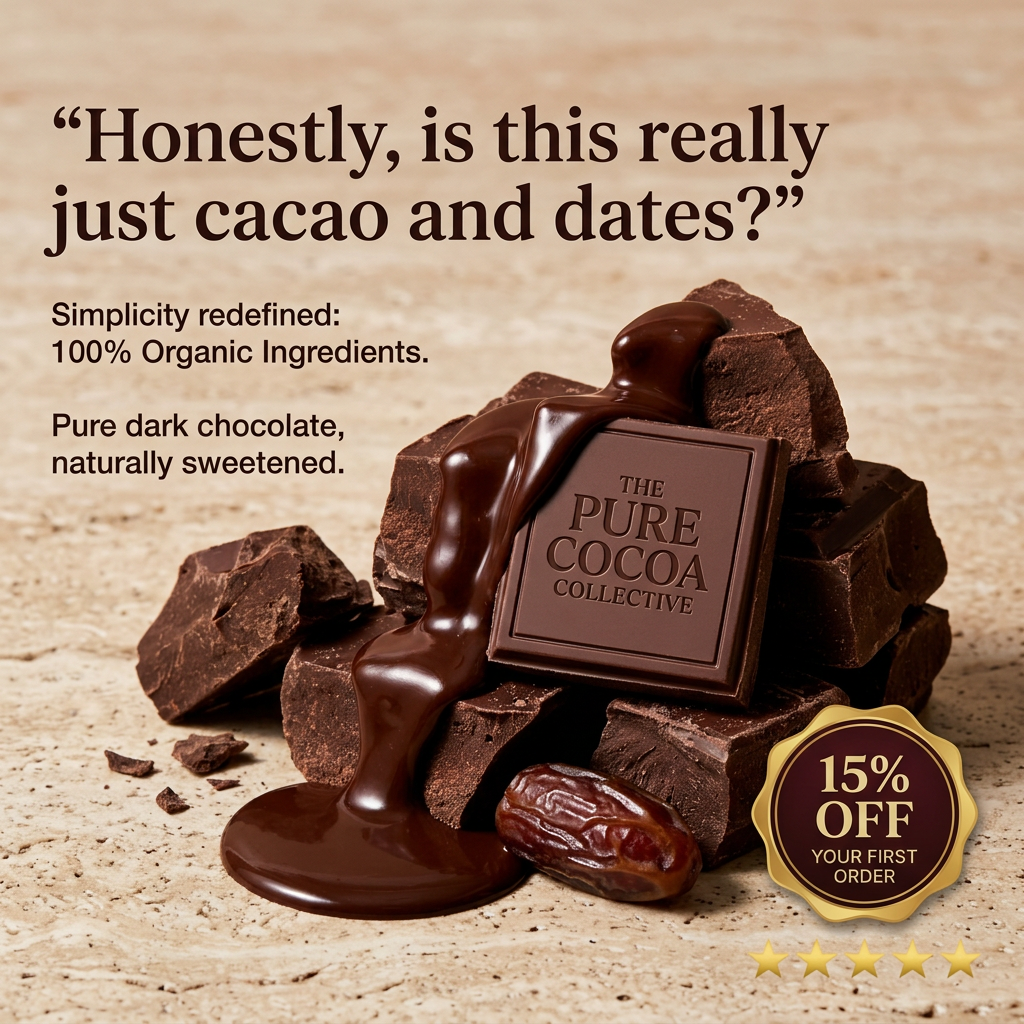 Stack of dark chocolate chunks with melted chocolate and a date on beige stone, quote headline and 15% off seal