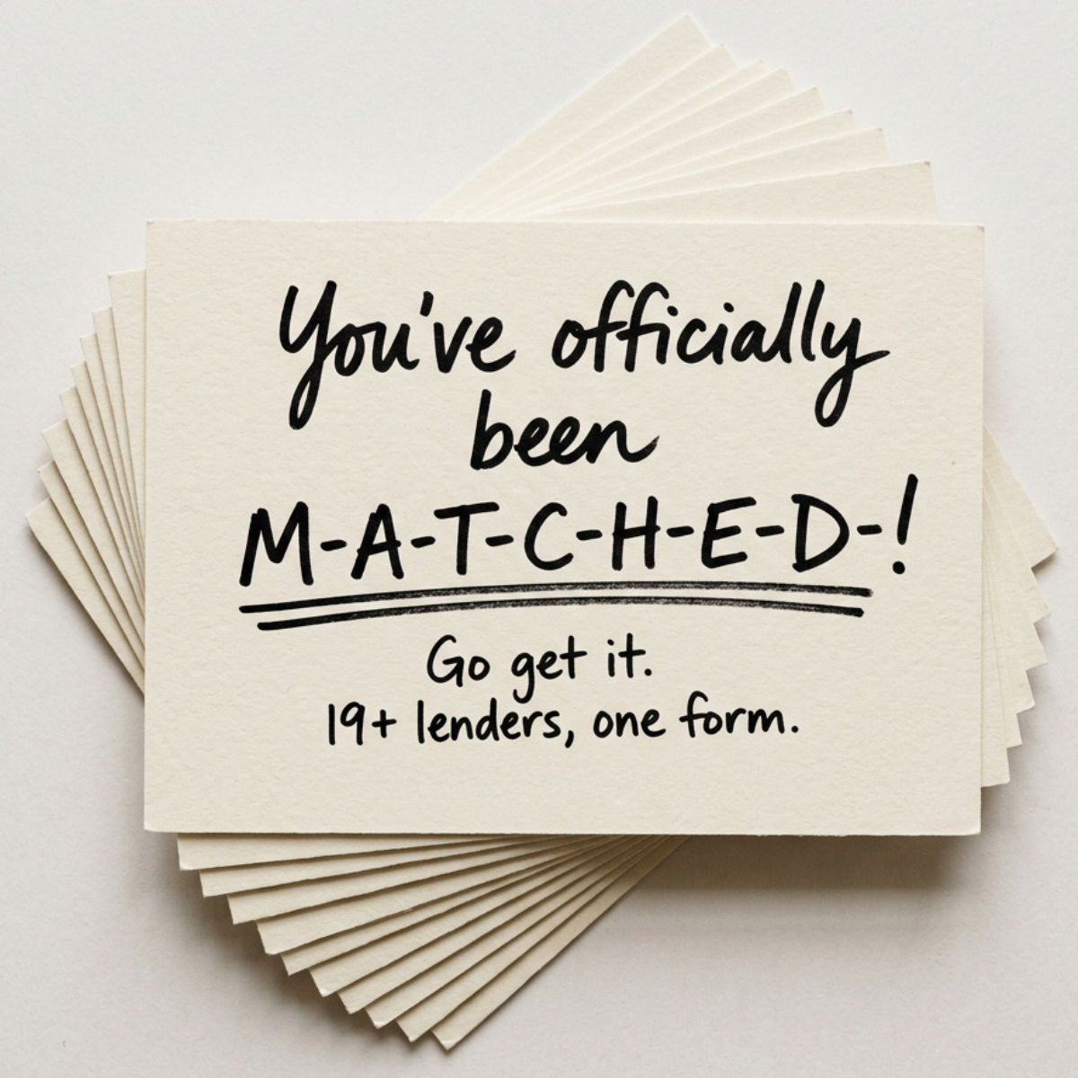 Stack of cream note cards with handwritten text: You've officially been matched. Go get it. 19+ lenders, one form.