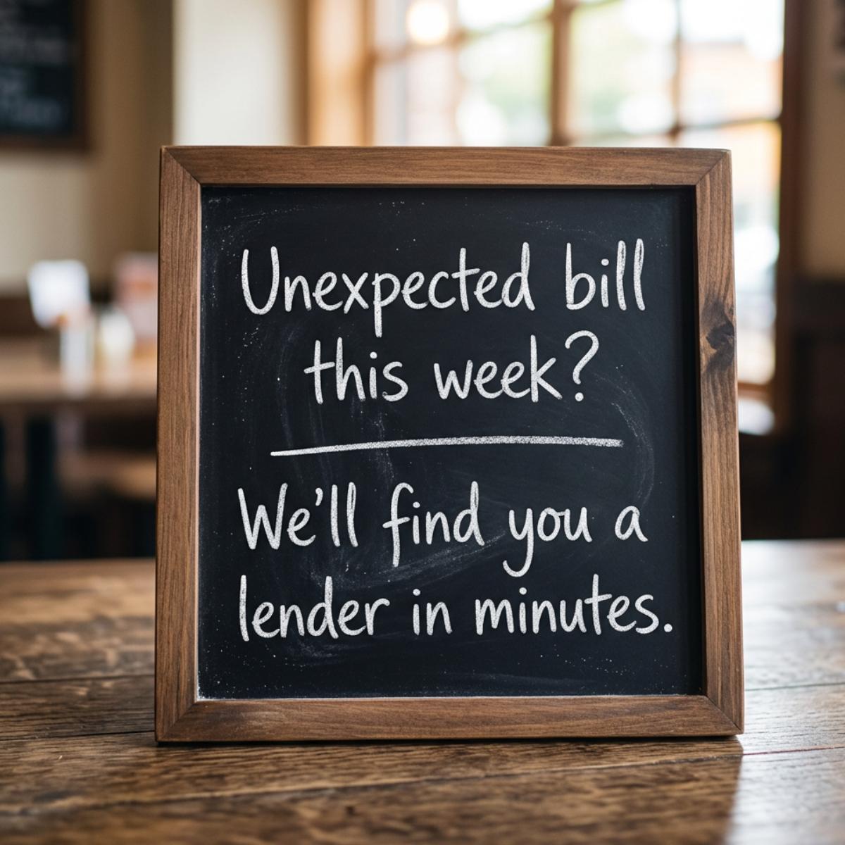 Wooden-framed chalkboard on a café table reading: Unexpected bill this week? We'll find you a lender in minutes.