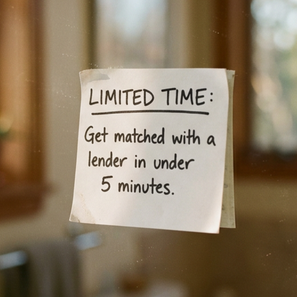 Handwritten sticky note on a window: Limited time: Get matched with a lender in under 5 minutes. Warm blurred room behind.