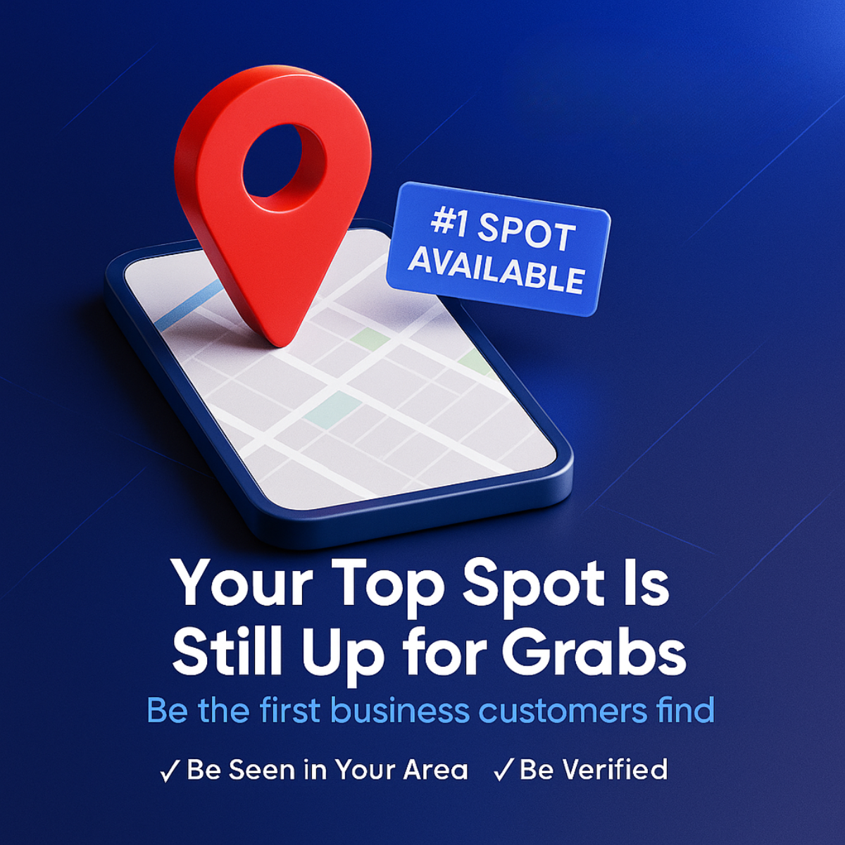 Red 3D map pin on a phone showing a city map, with a '#1 Spot Available' badge and local SEO headline on dark blue