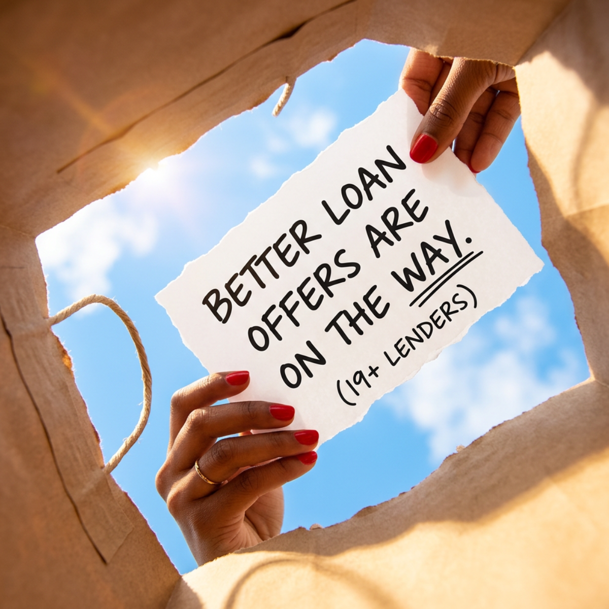 Hands hold a handwritten note saying 'Better loan offers are on the way' through a torn paper bag, blue sky behind