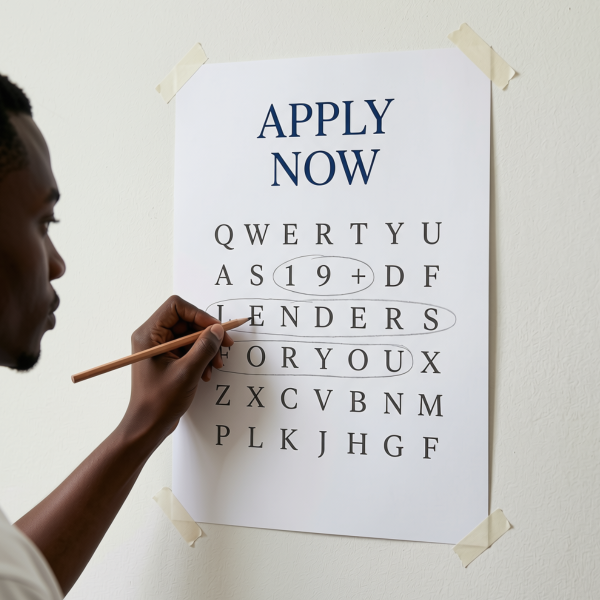 Man with a pencil circling '19+ lenders for you' in a word-search grid on a white poster headed 'Apply Now'