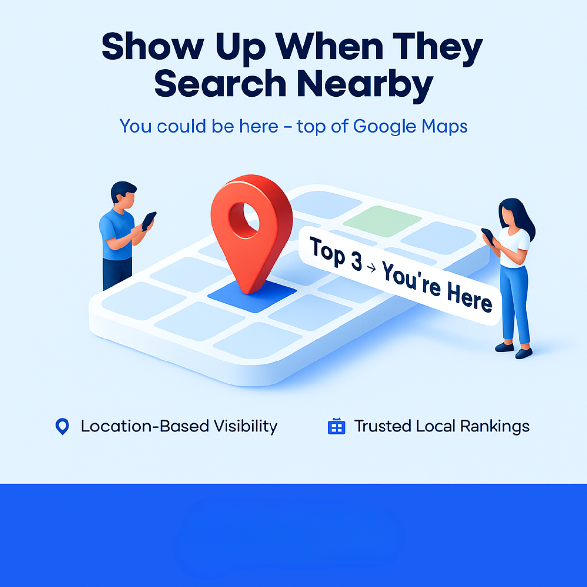 Isometric map with a red location pin, a 'Top 3 → You're Here' label and two people on phones, under a local SEO headline