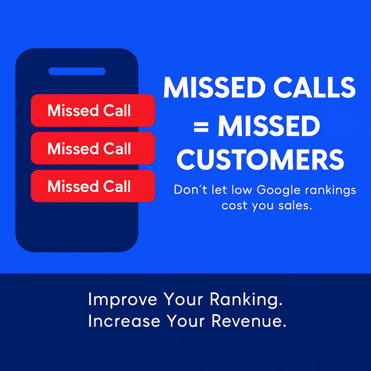 Navy phone with three red 'Missed Call' alerts beside 'Missed calls = missed customers' text on a bright blue background