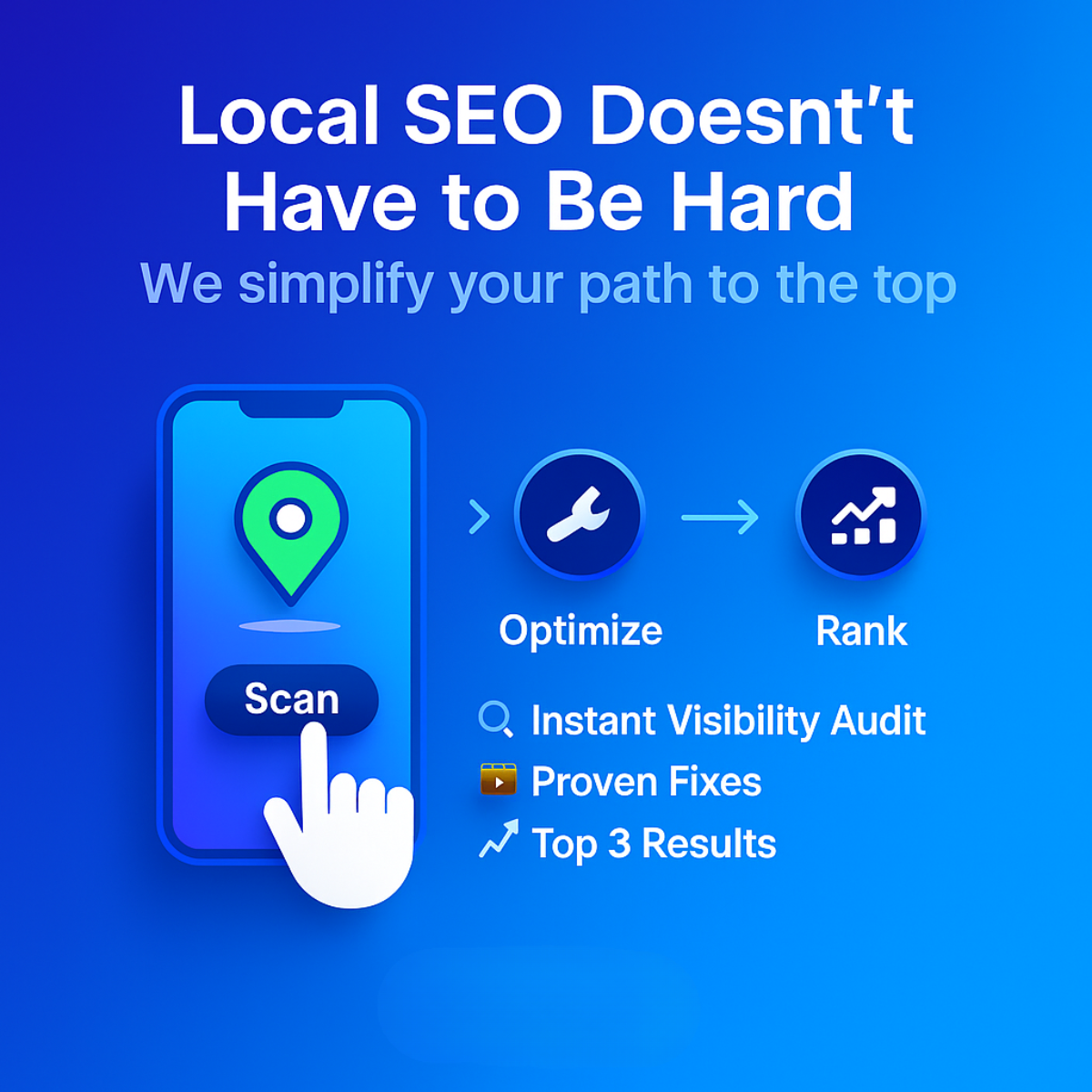 Hand tapping 'Scan' on a phone with a green pin, followed by Optimize and Rank icons and three local SEO benefits
