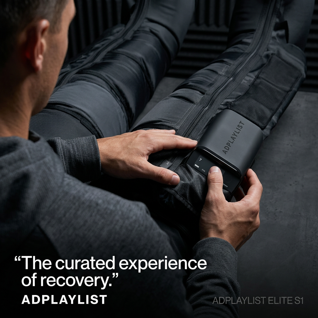 Man reclining in black compression recovery boots, adjusting a control handset showing a timer, in moody low light