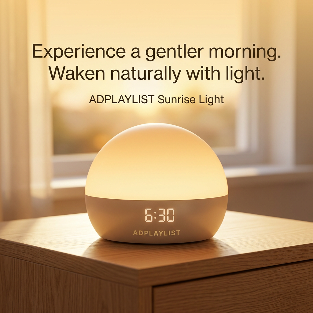 Domed sunrise alarm light glowing on a wooden nightstand showing 6:30, bathed in warm golden morning window light