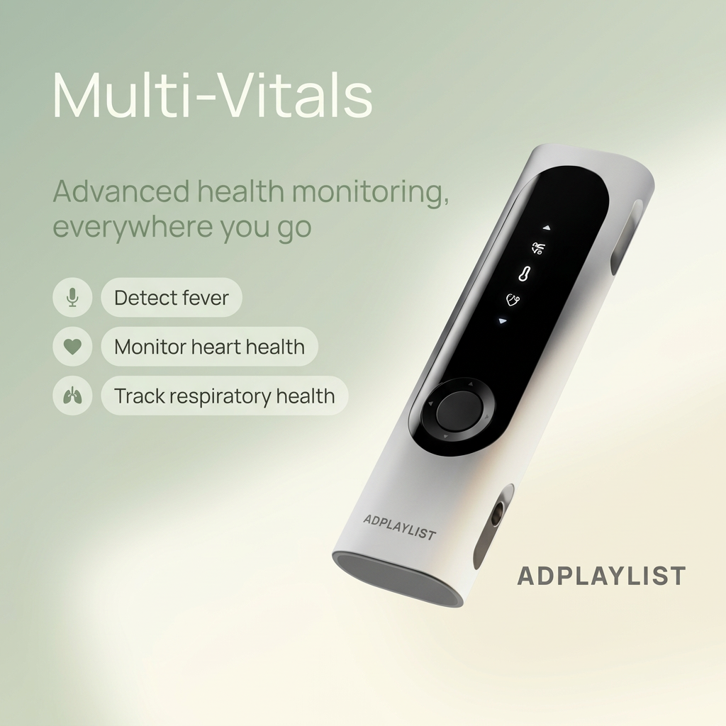White handheld multi-vitals monitor floating on a sage gradient with three pill labels for fever, heart and lungs