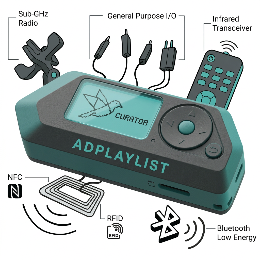 Teal handheld multi-tool with a pixel-bird screen, labelled with sub-GHz radio, GPIO, infrared, NFC, RFID and Bluetooth
