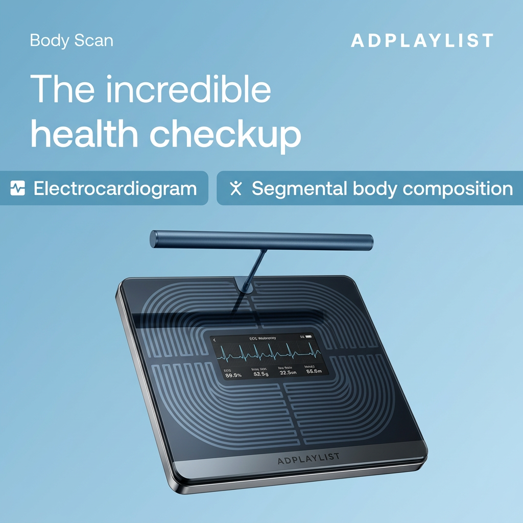 Black smart scale with a retractable handlebar floating on blue, screen showing an ECG waveform and body metrics