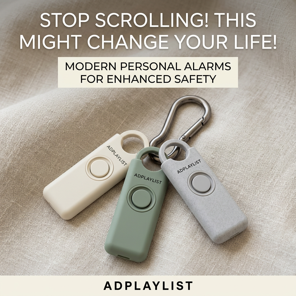 Three personal safety alarms in cream, sage and grey clipped to a carabiner on linen, under a stop scrolling headline