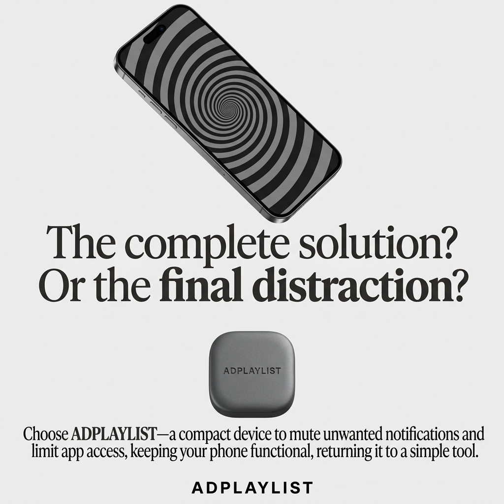 Phone showing a hypnotic grey spiral above a small square focus device, with a solution-or-distraction question headline