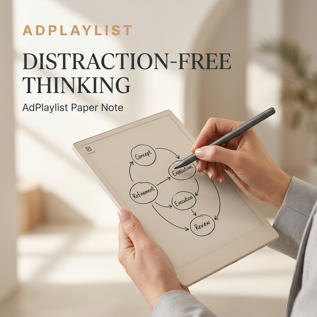 Hand in a grey blazer sketching a concept-to-review mind map on an e-ink paper tablet in a bright, airy room