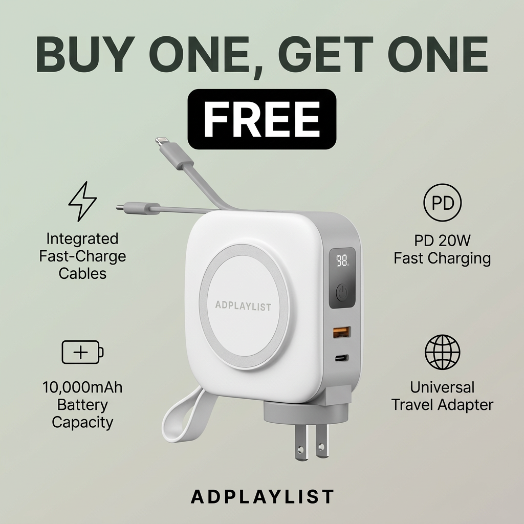 White all-in-one travel charger with wireless pad and fold-out plug, under a buy one get one free offer and four features