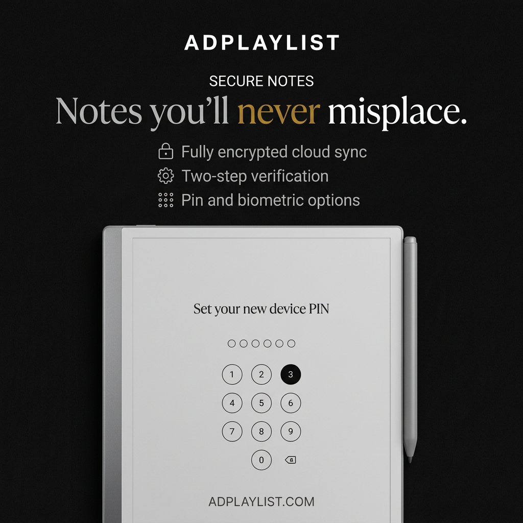 E-ink paper tablet showing a set-your-PIN screen on black, with callouts for encrypted sync, 2FA and biometric unlock