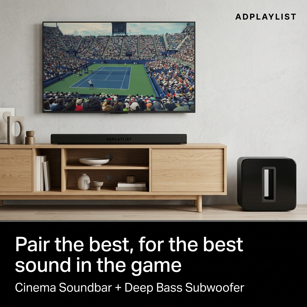 Modern living room with a soundbar under a wall-mounted TV showing tennis and a subwoofer beside the oak media unit
