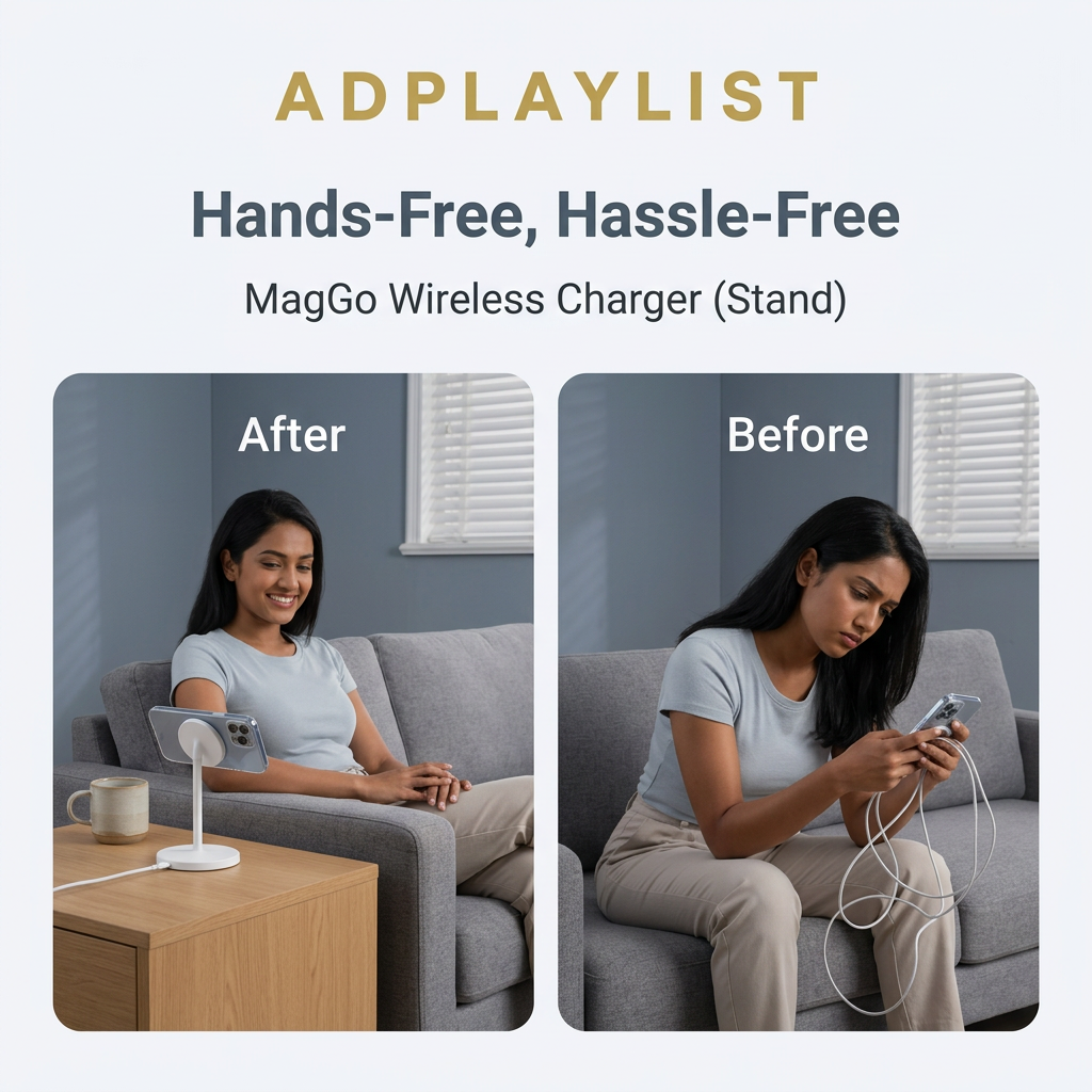 Split image: woman relaxing with her phone on a charging stand (after) versus hunched over a tangled cable (before)