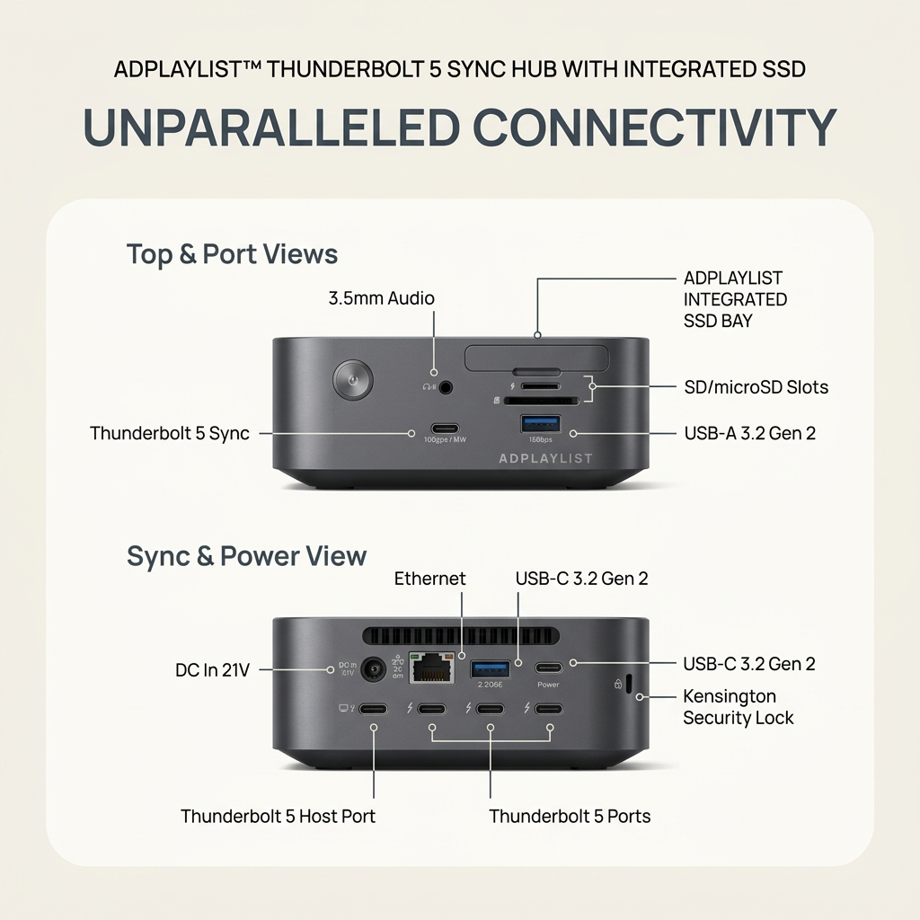 Thunderbolt 5 docking hub shown from front and rear on cream, with every port labelled across two views