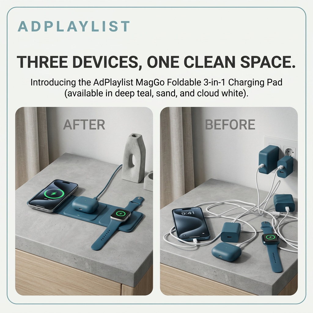 Split image: a teal 3-in-1 charging pad with three devices (after) versus a nightstand tangled with chargers (before)