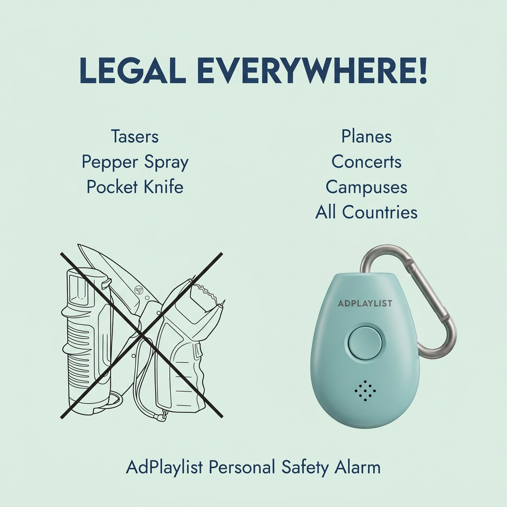 Mint safety alarm on the right versus crossed-out tasers, pepper spray and a knife on the left, under Legal Everywhere