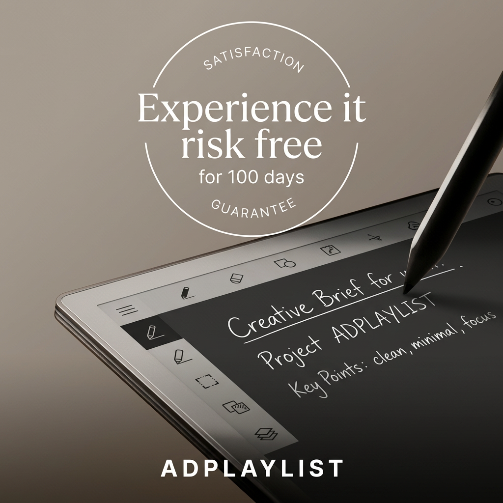 Close-up of a stylus handwriting a creative brief on an e-ink tablet, with a 100-day risk-free guarantee seal