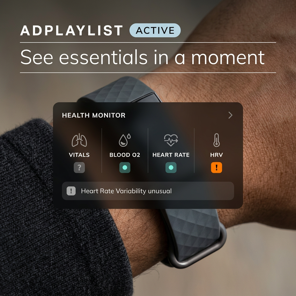 Wrist wearing a black textured fitness band with a health-monitor card showing blood O2, heart rate and HRV statuses