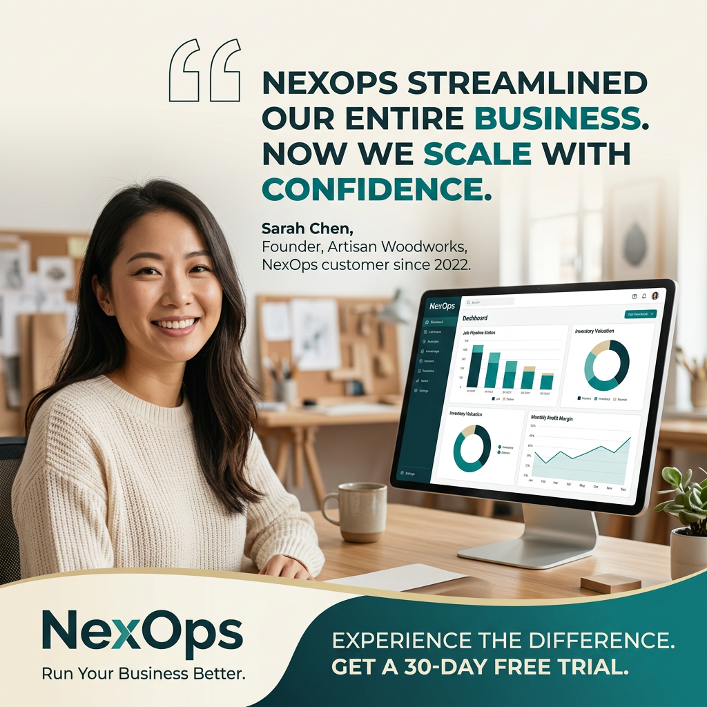 Smiling founder at a wooden desk beside a monitor showing a NexOps dashboard, with a large teal testimonial quote above