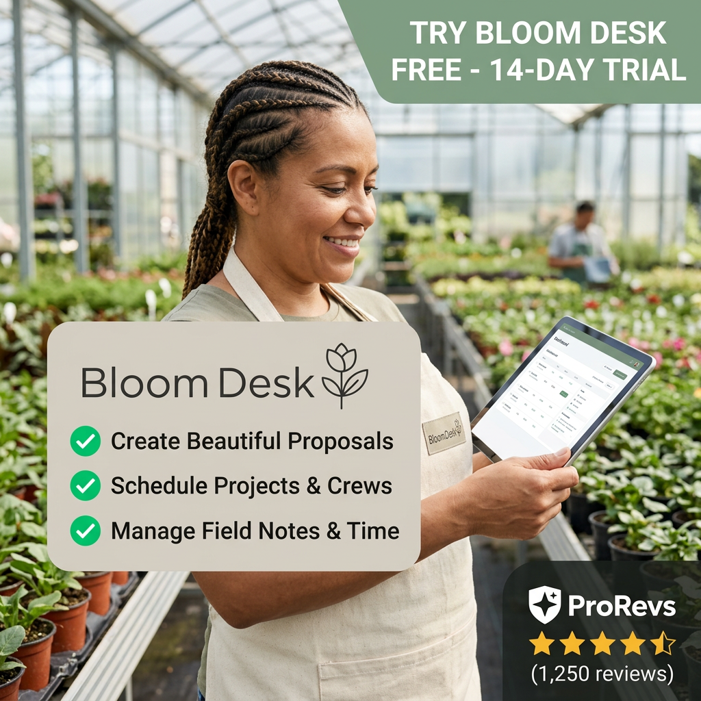 Smiling greenhouse worker holding a tablet among plants, with a Bloom Desk feature checklist and 4.5-star review badge