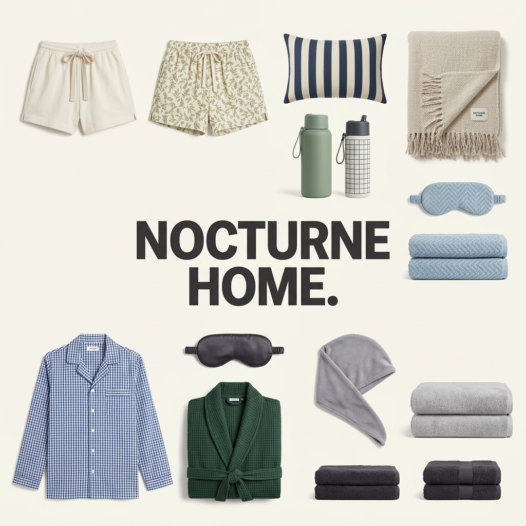 Flat lay of shorts, gingham pyjamas, green robe, towels, sleep masks and a throw around the Nocturne Home logo