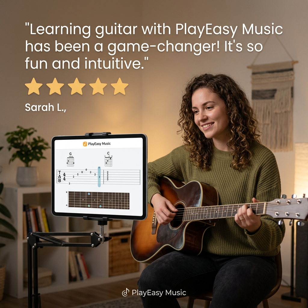 Woman playing acoustic guitar at home beside a tablet showing chords and tabs, under a five-star quote