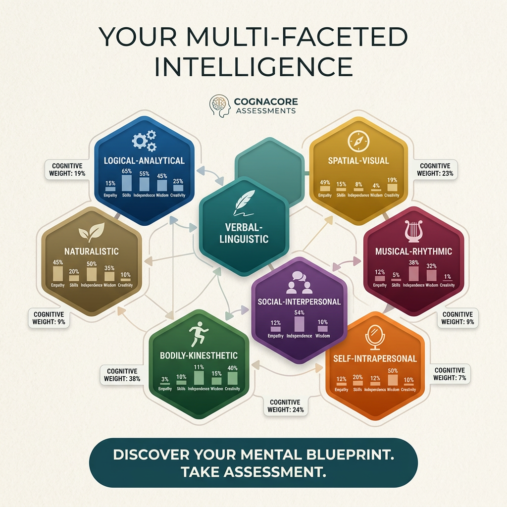 Infographic of eight coloured hexagons for intelligence types with mini bar charts, titled Your Multi-Faceted Intelligence