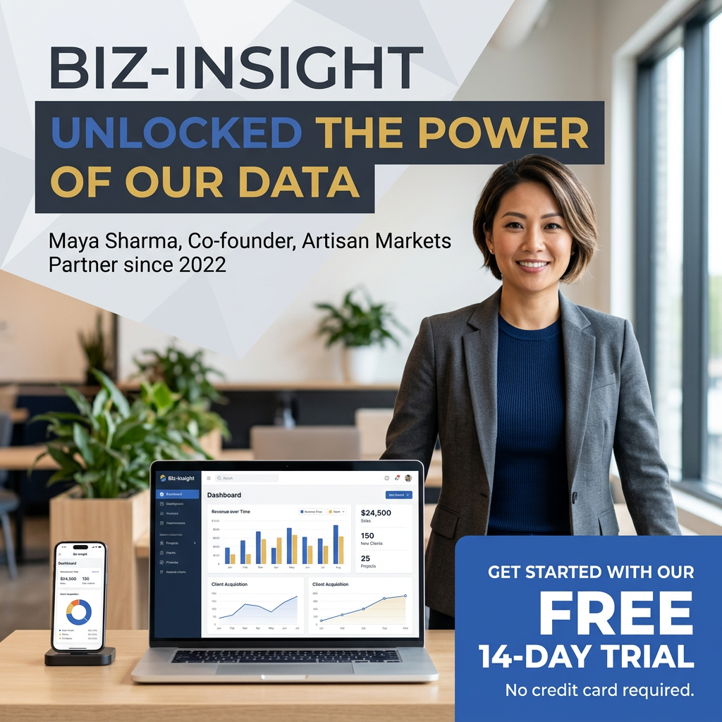 Confident businesswoman in a grey blazer in a bright office beside a laptop and phone showing a Biz-Insight revenue dashboard