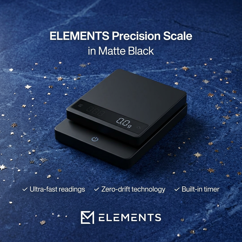 Matte black digital coffee scale showing 0.0g on a deep blue textured surface sprinkled with gold and silver stars