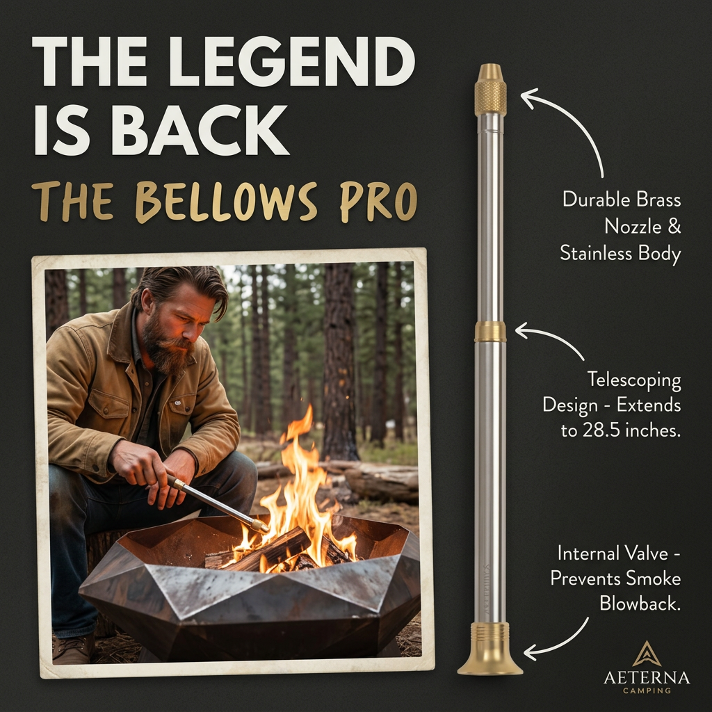 Bearded man using a fire bellows on a campfire in a pine forest, beside a brass and steel product shot with arrows