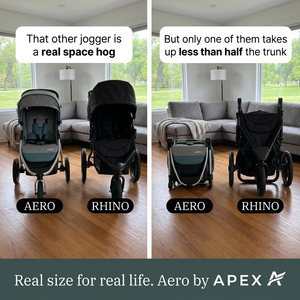 Two-panel comparison of Aero and Rhino jogging strollers in a living room, unfolded on the left and folded on the right