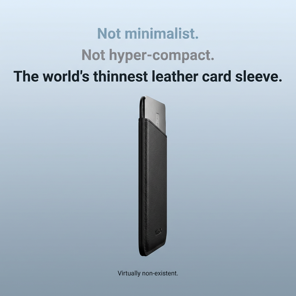 Black leather card sleeve with a metal card peeking out, floating on a blue-grey gradient under a three-line headline