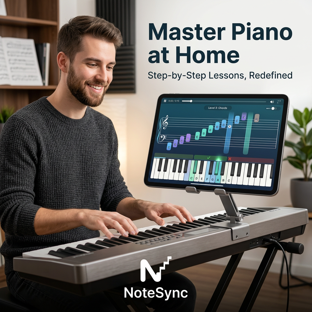 Smiling man playing a digital keyboard at home while a tablet shows a NoteSync piano lesson with colored notes