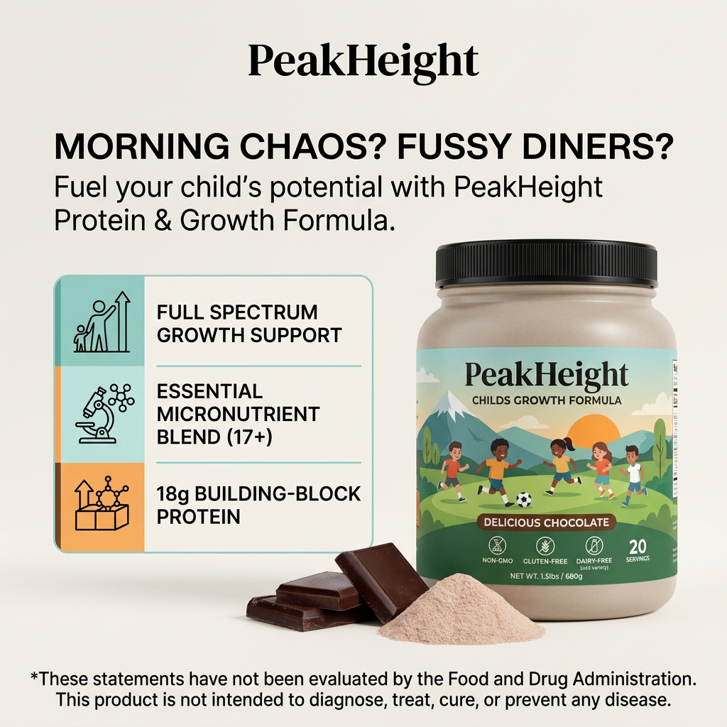 PeakHeight chocolate kids growth formula tub with chocolate pieces and powder beside three benefit icon callouts