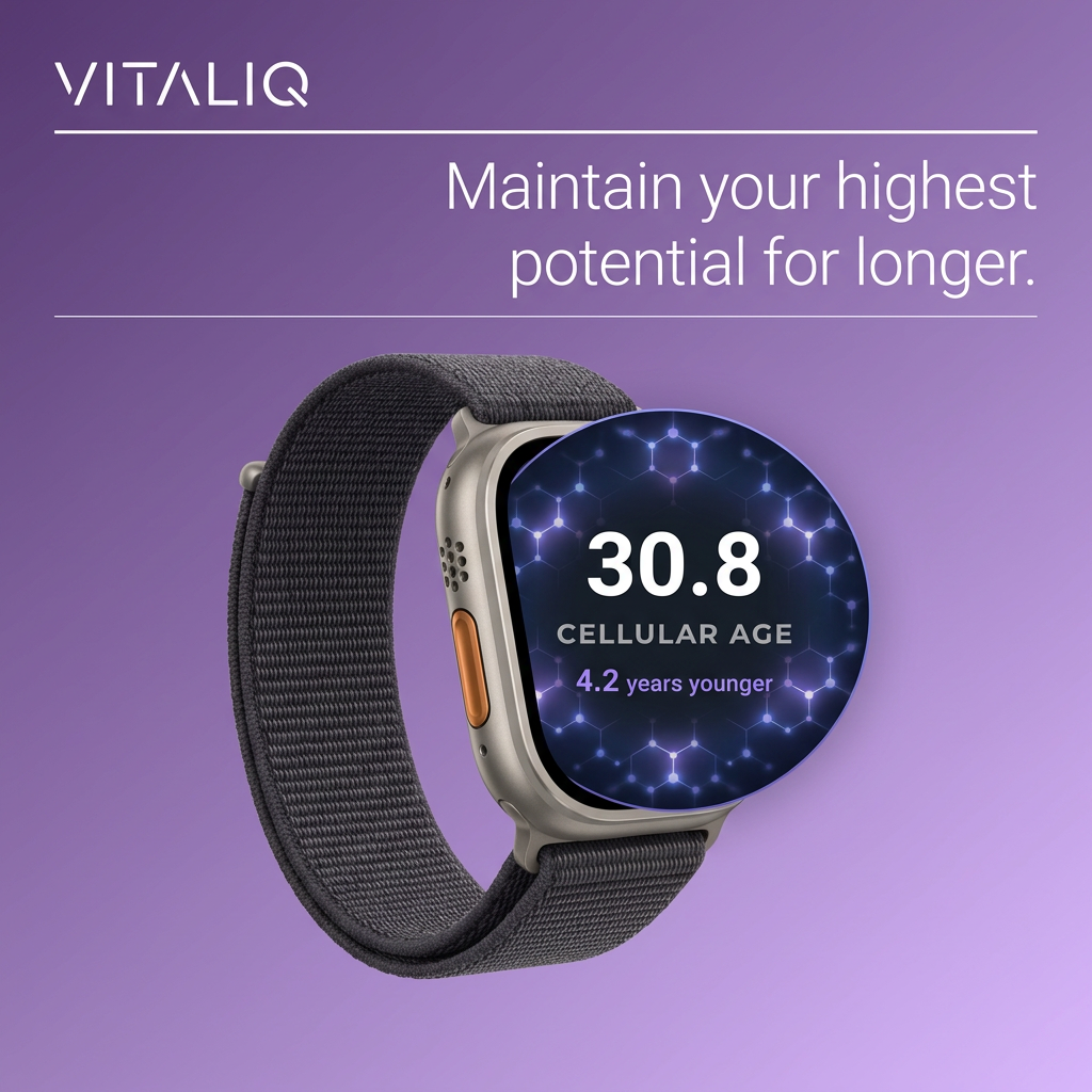 Titanium smartwatch with woven band and a magnified screen showing cellular age 30.8, 4.2 years younger, on purple