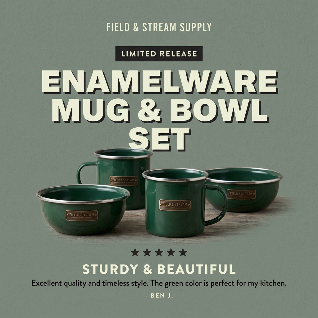 Two green enamel mugs and two bowls with brass badges on a wooden surface, five-star review below on sage green background