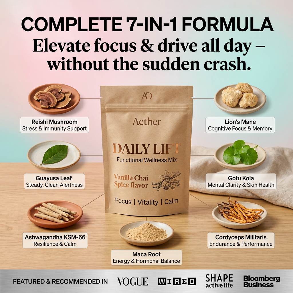 Kraft pouch of Aether Daily Lift surrounded by seven dishes of mushrooms, herbs and roots with benefit labels