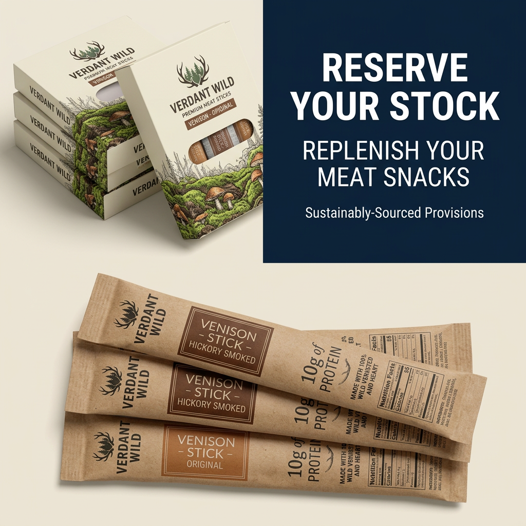 Verdant Wild venison meat stick boxes with forest illustrations and three kraft stick wrappers next to a navy text panel