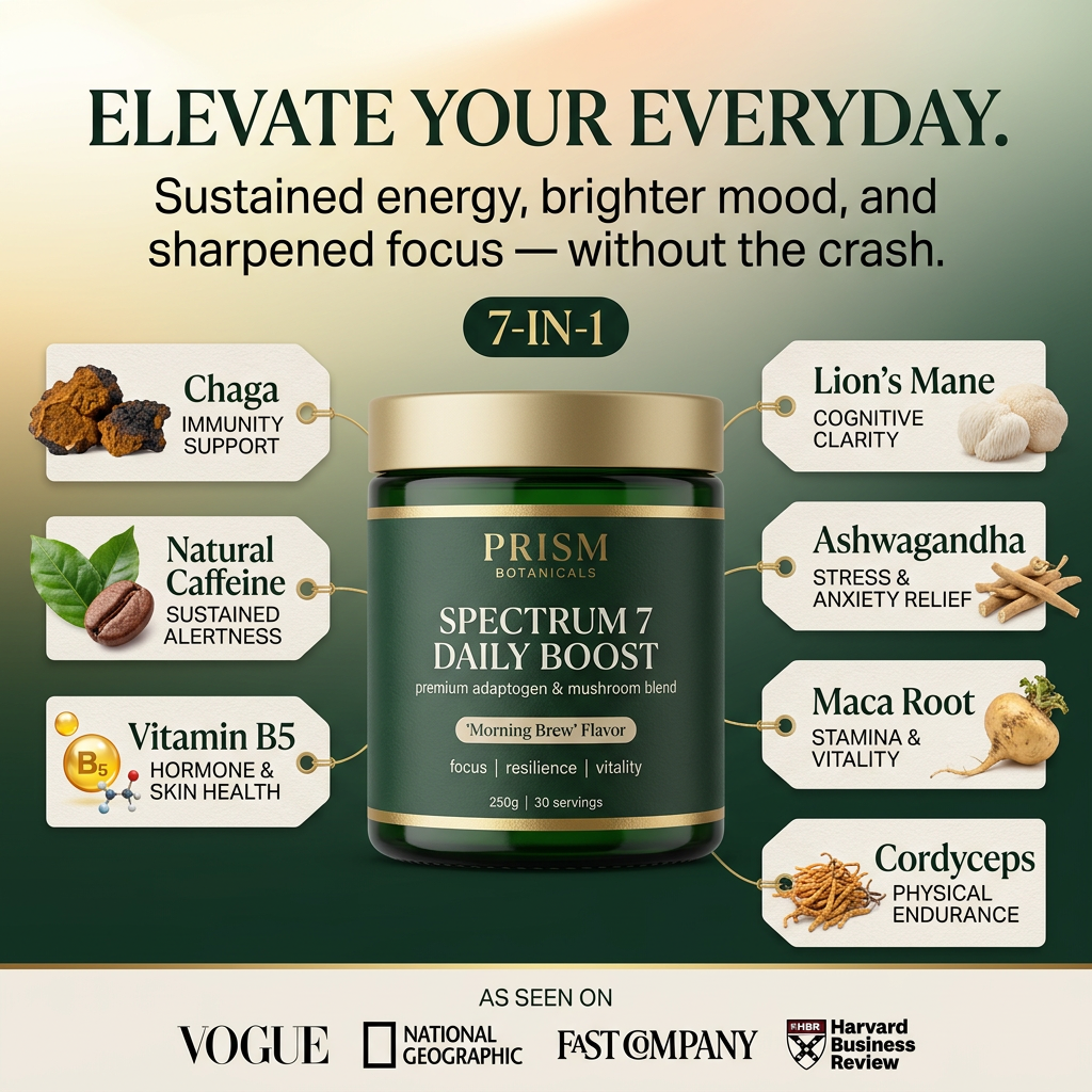 Dark green Prism Botanicals jar with gold lid surrounded by seven tags showing chaga, lion's mane, maca and other ingredients